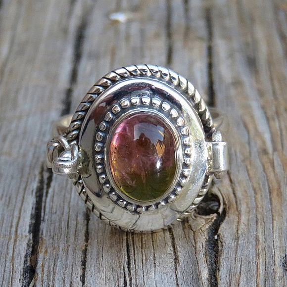 SOLD Sterling Silver Natural Watermelon Tourmaline Poison Ring - Picture 4 of 8